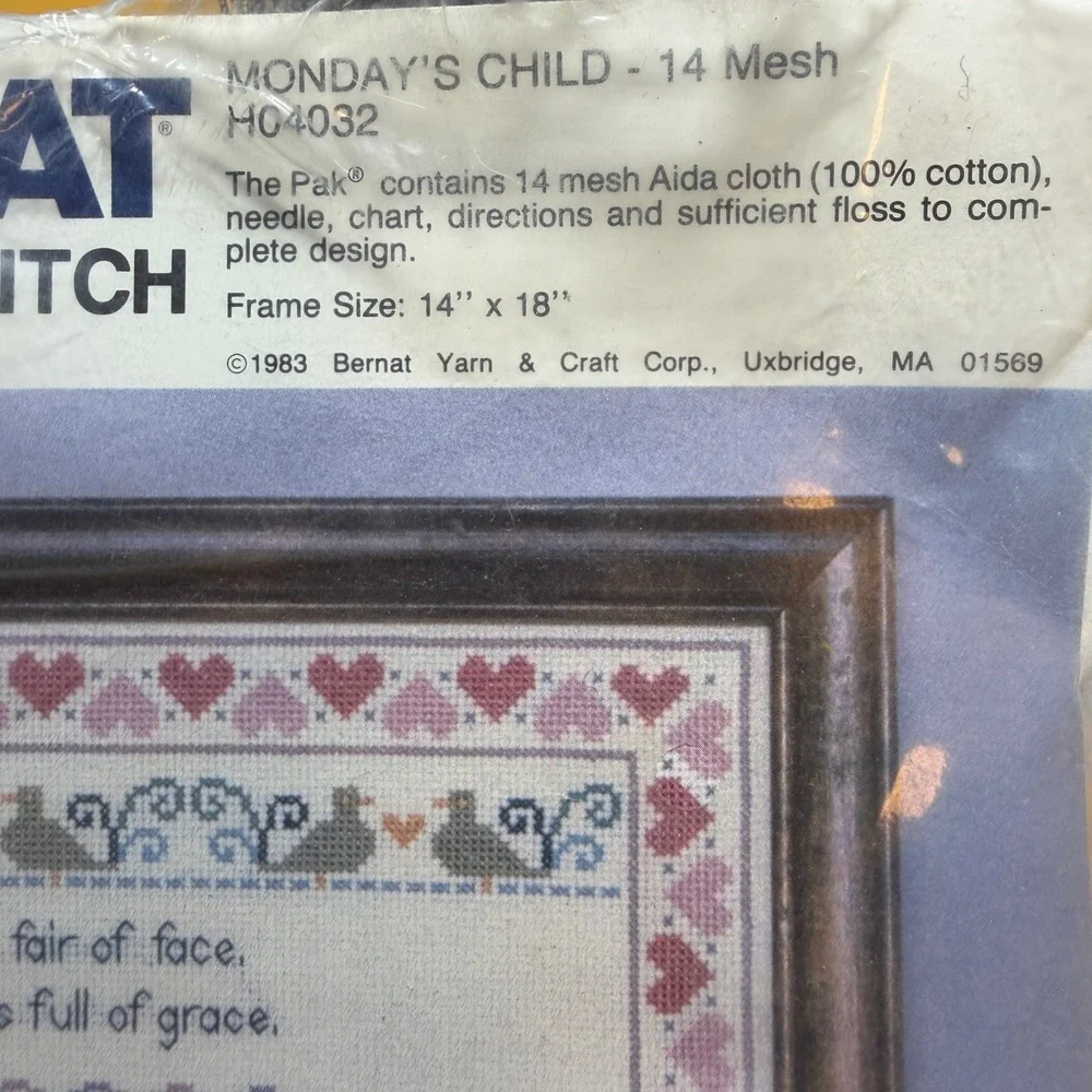 Bernat Monday's Child Counted Cross Stitch Kit 14x18 Vintage 1983‎ New